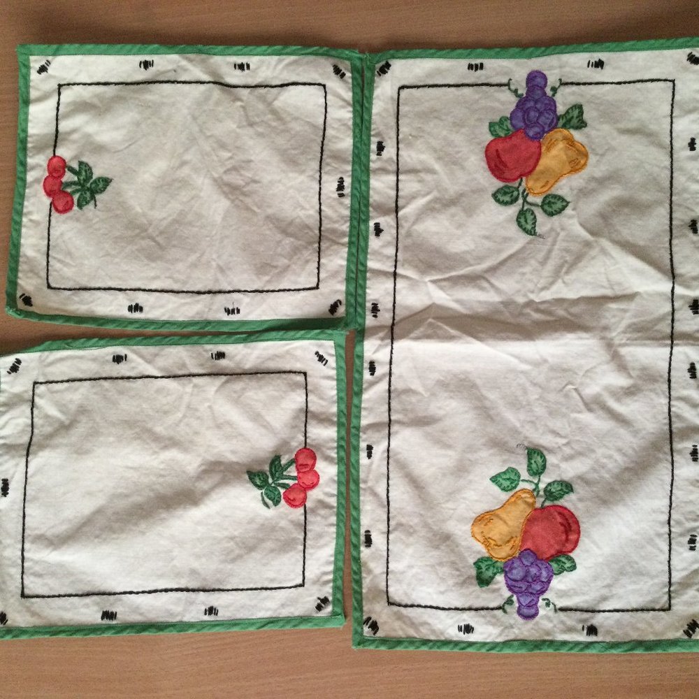 Beautiful hand embroidered 2 table napkins and 1 table runner fruits decoration